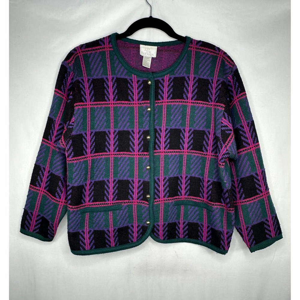 Vintage Just For Women Plaid Herringbone Cardigan Sweater Purple Green Pink 1X